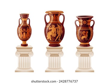 Antigua cerámica griega, jarrón, tarro, ánfora en columnas blancas viejas. Vasos antiguos de cerámica romana. Antiguas lozas con pinturas de dioses, figuras de diosas. Jarrones griegos en el pilar 3d ilustración vectorial