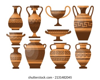 Ancient Greek pottery and vases cartoon illustration set. Amphora, jars, jugs and pots with patterns, ornament and decorations for oil and liquids. Grecian earthenware concept