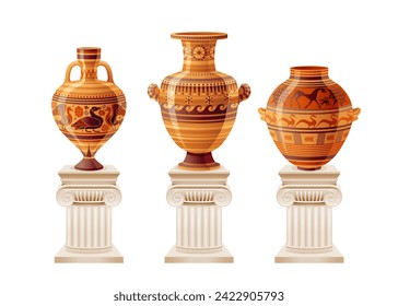 Antiguas alfarerías griegas, jarrones, macetas y ánforas. Vasos antiguos de cerámica romana sobre antiguas columnas blancas. Ancianos objetos de tierra con cuadros, jarrones griegos sobre pilares, ilustración de vectores de dibujos animados