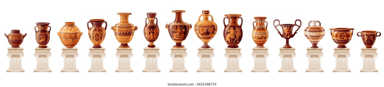 Ancient greek pottery, vases, jars, pots and amphoras. Antique roman ceramic vessels on old white columns. Ancient earthenware with paintings, greek vases on pillars, vector cartoon illustration