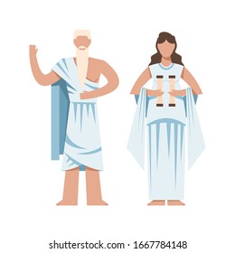 Ancient Greek priest wearing traditional toga. Male and female religious figure. Greece polytheism prayer. Flat vector illustration