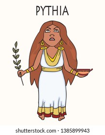 Ancient Greek Pythia, vector cartoon portrait of historical character, priestess of Apollo