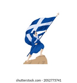 Un antiguo rebelde griego alza la bandera de Grecia como señal de victoria nacional. Feliz Día de la Independencia de Grecia, 25 de marzo, ilustración vectorial. Adecuado para tarjeta de saludo, afiche, banner o taza.