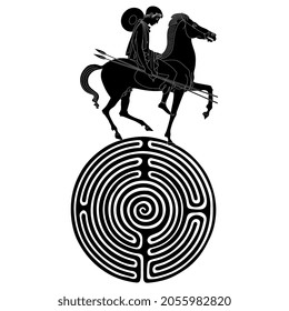 Ancient Greek rider on top of a round spiral maze or labyrinth symbol. Creative concept. Black and white silhouette.