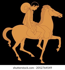 Ancient Greek rider. Young man on horseback. Vase painting style.  On black background. 