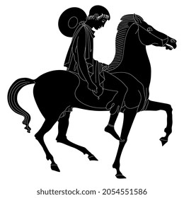 Ancient Greek rider. Young man on horseback. Black and white negative silhouette. Vase painting style.
