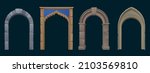 Ancient greek, roman and arabic stone arches. Vector cartoon set of old architecture elements, entrance with antique pillars and columns isolated on black background