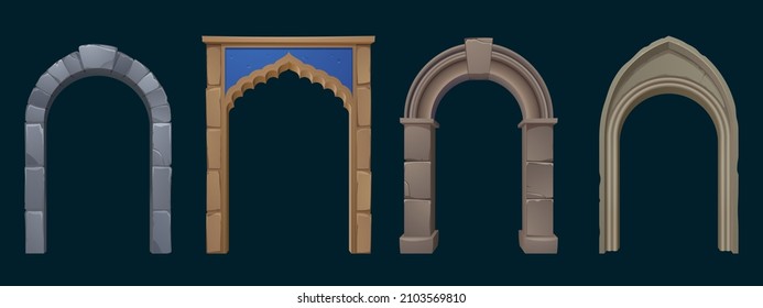 Ancient greek, roman and arabic stone arches. Vector cartoon set of old architecture elements, entrance with antique pillars and columns isolated on black background