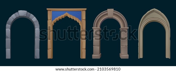 Ancient greek, roman and
arabic stone arches. Vector cartoon set of old architecture
elements, entrance with antique pillars and columns isolated on
black background