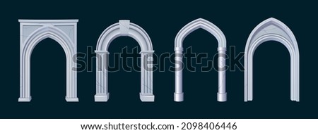 Ancient greek or roman arches from white marble. Vector cartoon set of antique architecture elements, entrance with stone pillars and columns isolated on black background