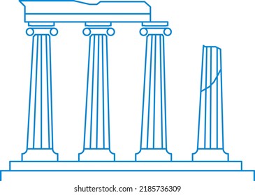 Ancient greek or roman architectural elements, ruins of temples or buildings. Hellenic or doric columns, pillars with pedestal, architecture. Line art, minimalist sketch. Vector in flat style