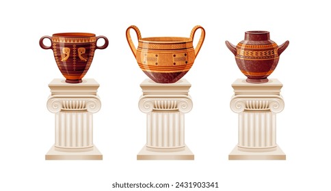 Ancient Greek Roman pottery. Vase, jar and pot. Antique ceramic vessels on old white column. Ancient earthenware with traditional vase paintings. 3d Greek Roman pottery on pillars, vector illustration