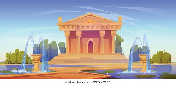 Ancient Greek or Roman style building with columns in park with green trees and beautiful fountains. Emperors palace surrounded by summer garden under blue sky. Antique architecture monument, history svg
