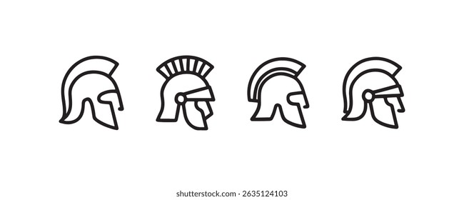 Ancient greek and roman warrior helmets line art icons set.