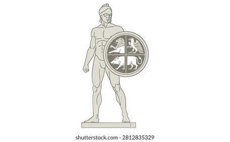 Ancient Greek or Roman warrior statue holding a detailed round shield decorated with animal figures like lions and boars.