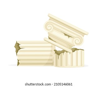 Ancient Greek Or Rome Column Broken On Pieces. Ruined Marble Pillar Vector Illustration