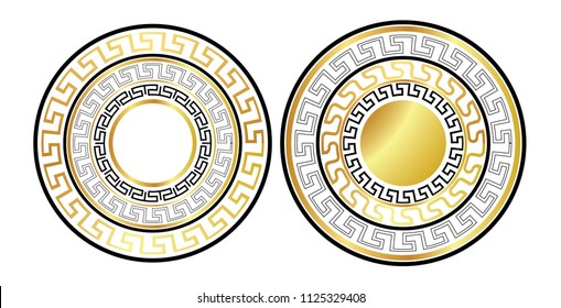 Ancient Greek round gold and black key pattern - meander, mandala shape