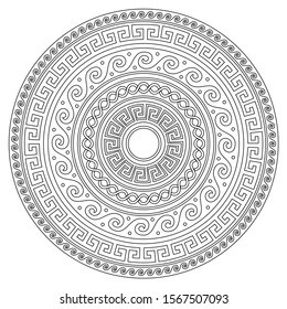 Ancient Greek round key mandala pattern with stroke - meander art in black and white perfect for adults coloring book. Vector monochrome design inspired by art from ancient Greece on white background 