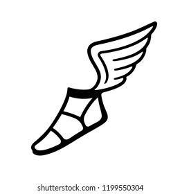 Ancient Greek sandal with wings. Simple black and white vector icon or logo.