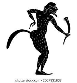 Ancient Greek satyr or Silenus holding rhyton of wine. Vase painting style. Fantastic mythological creature. Black and white negative silhouette.