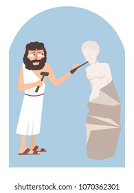 ancient greek sculpting the figure of woman ,vector cartoon illustration in flat style