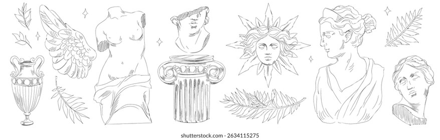Ancient Greek sculpture doodle set - hand drawn line art of classical statues and columns, vases, wing and leaves. Sketch style illustrations of mythological goddess, antique busts and architecture.