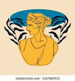 Ancient greek sculpture. Greece mythology statue one line drawing, goddess head art design. Vector illustration