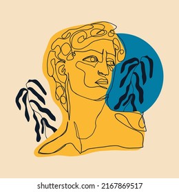 Ancient greek sculpture. Greece mythology statue sketch David head one line style, antique god. Vector modern art