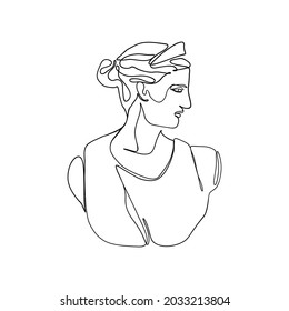 Ancient greek sculpture line art. Mythology Artemis statue hand drawn continuous line, old goddess bust. Vector illustration