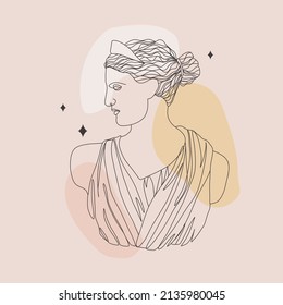 Ancient greek sculpture. Linear head of Artemis. Goddess antique statue. Trendy vector illustration in one line drawing style. Minimalist female bust with abstract shapes.