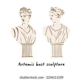 Escultura grima antigua. Mythology Artemis estatua dibujada a mano, vieja diosa se quiebra. Persona mitológica romana antigua. Arroyo de mármol. Ilustración vectorial. Arte vectorial para el diseño de afiches, ropa, logotipo.