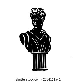 Escultura grima antigua. Mythology Artemis estatua dibujada a mano, vieja diosa se quiebra. Persona mitológica romana antigua. Arroyo de mármol. Ilustración vectorial. Arte vectorial para el diseño de afiches, ropa, logotipo.