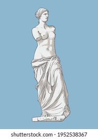 Escultura griega antigua, estatua de la diosa Venus de Milo. Ilustración vectorial aislada en fondo azul. Estilo lineal con sombreado y color. EPS - 10.