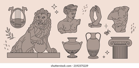 Ancient Greek Sculptures, Leon Statue, Vases And Column. Male Body Part And Hands. Antique Mythology Silhouettes, Vintage Moon Goddess. Vector Decorative Design Cartoon Illustration