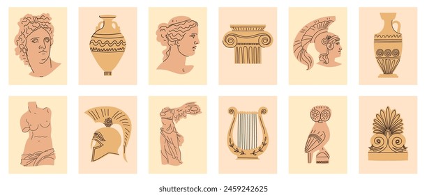 Ancient Greek sculptures and objects. Set of decorative posters. Venus, Apollo, Winged Victory statue, Spartan helmet, amphorae, architectural details. Pastel colors. Vector.