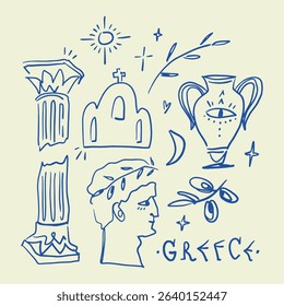 Ancient greek sculptures, ruined column, olive branches, pottery vase, architecture and other elements collection set vector image, mythology sacred mystical vibe digital stickers, blue Santorini