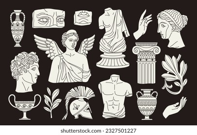 Ancient Greek sculptures set. Antique statues, plants and vases in line art style. Classical columns and Olympus gods. Trendy icons for tattoo design. Linear flat vector isolated on black background