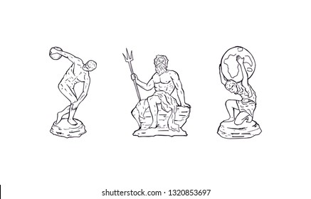 Ancient Greek sculptures vector sketch illustration black outline silhouette set collection. Old and different statues. Human statue body drawing cartoon sketch. Figures carved in stone graphic art.
