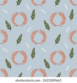 Ancient Greek seamless pattern on blue background with winner's wreath of wild olive twigs on blue sky background. Historical pattern for unique designs and wrapping paper