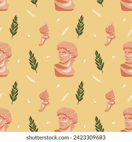 Ancient Greek seamless pattern on yellow background with bust of David, sandals with wings and olive branches. Historical pattern for unique designs and wrapping paper