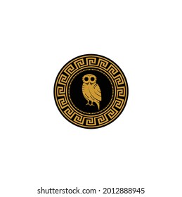 Ancient Greek Shield with The Image of an Owl and Classical Greek Meander Ornament Vintage Illustration