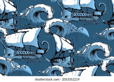 Ancient Greek ships. Seamless pattern. Blue color. Suitable for fabric, mural, wallpapers, wrapping paper and the like