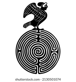 Ancient Greek siren or harpy bird with female head on top of a round spiral maze or labyrinth symbol. Creative concept for antique culture. Black and white silhouette.
