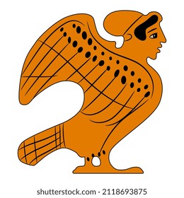 Ancient Greek siren or harpy. Fantastic mythological bird with female head. Vase painting style. Isolated vector illustration.
