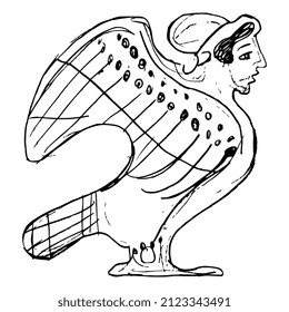 Ancient Greek siren or harpy. Fantastic mythological bird with female head. Vase painting style. Hand drawn linear doodle rough sketch. Black silhouette on white background.