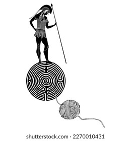 Ancient Greek soldier with a spear standing on a round spiral maze or labyrinth symbol and a yarn ball. Theseus and Ariadne thread. Creative mythological concept. Black and white silhouette.