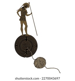 Ancient Greek soldier with a spear standing on a round spiral maze or labyrinth symbol and a yarn ball. Theseus and Ariadne thread. Creative mythological concept. Monochrome silhouette.