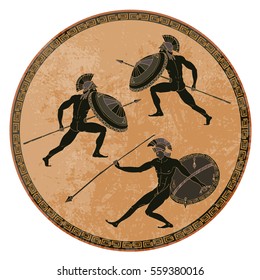 Ancient Greek soldiers. Black figure pottery. Ancient Greece mural painting. Spartans, gladiators 