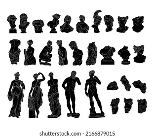 Ancient Greek solid black color sculptures of gods, goddess and heros, vector silhouettes antique statues of men and women figures, bust and full body, hand drawn isolated clip art bundle