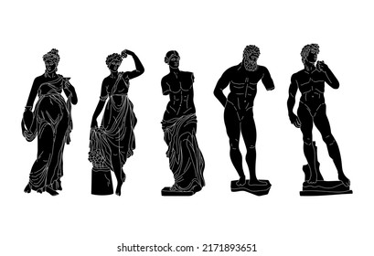 Esculturas de dioses, diosas y héroes, estatuas antiguas vectoriales de siluetas de hombres y mujeres, grupos aislados de dibujos animados a mano